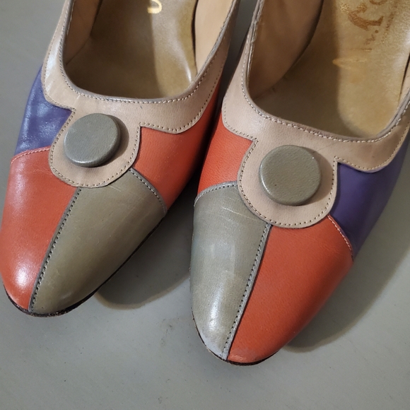 1960s Colorblock Heels Pumps Button Front Teal Grey Purple Coral Size 6.5 - Picture 7 of 7